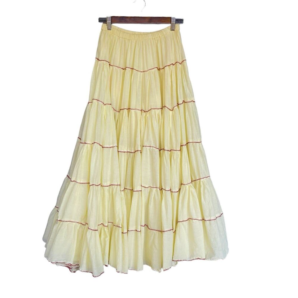 Boho Maxi Skirt Womens Small Tiered Western Contrast Stitching Twirl Yellow